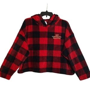 New Red & Black Plaid Buffalo Check Soft Fleece Cropped Hoodie sz Small
